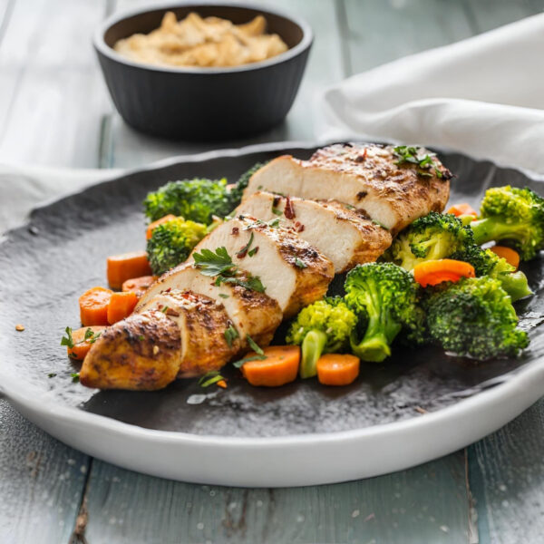 BBQ grilled Cajun chicken breast, roasted sweet potato, seasoned steamed vegetables (450g) Australian Food Awards Gold Medal Winner GF DF