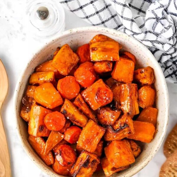 Baked root vegetable, pumpkin, sweet potato & carrot with touch of brown sugar and cinnamon