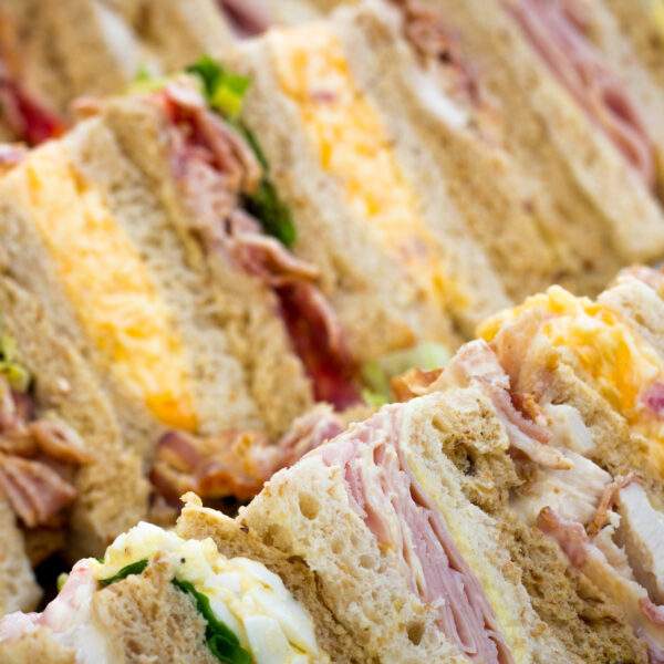 Platter - One bite petite pressed egg sandwiches - whole egg mayonnaise, relish cut into crustless bites (48 pieces) (Vegetarian)