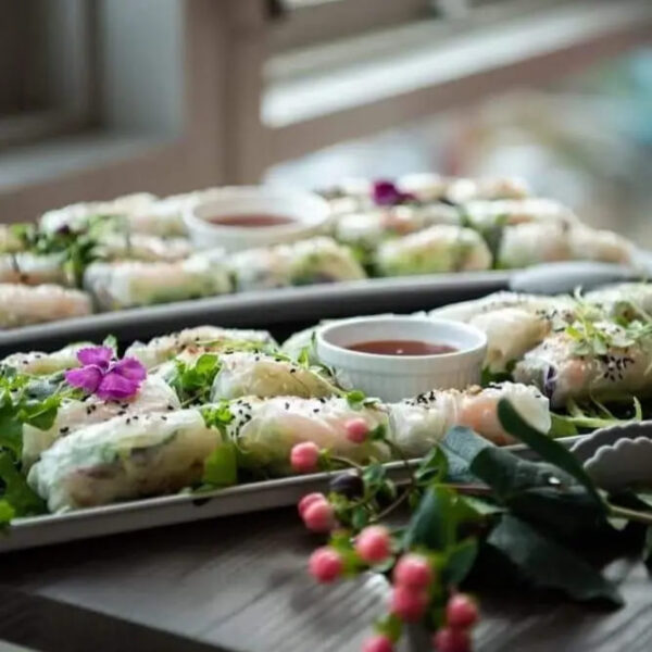 Poached coconut chicken rice paper roll, Nouc Cham dipping sauce yourprivatechef Signature Cold Canape