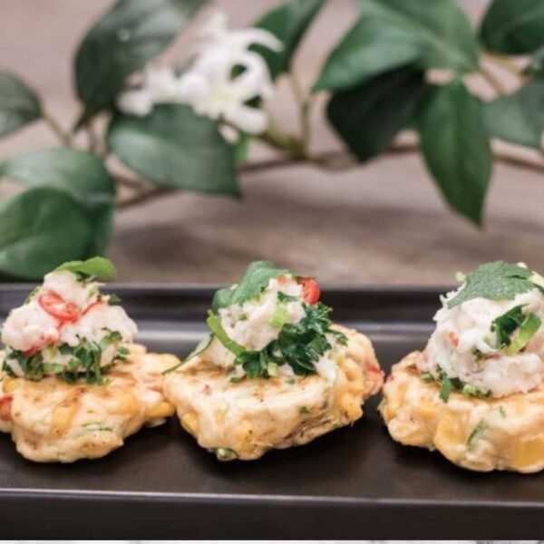 Prawn in lime, chilli & herb kewpie Mayo on a jalapeño fritter