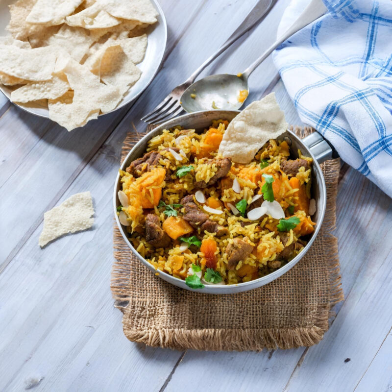 Spiced lamb curry with sweet potato platter w rice