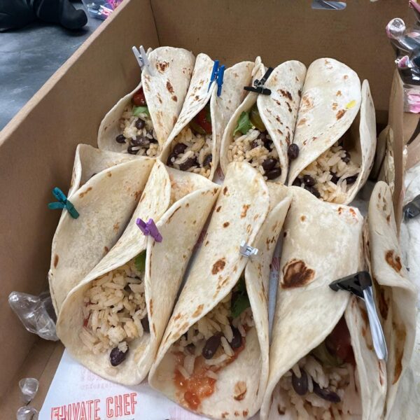 Tacos with black beans, brown rice, salsa & jalapeño