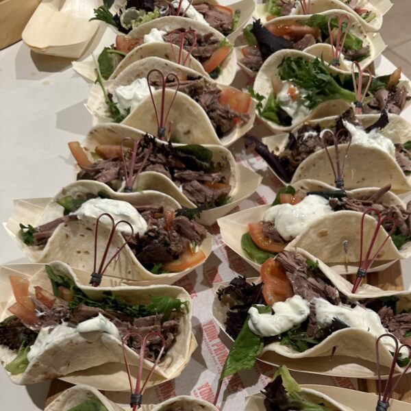 Mini lamb souvlaki, mixed leaf, tzatziki and diced tomato