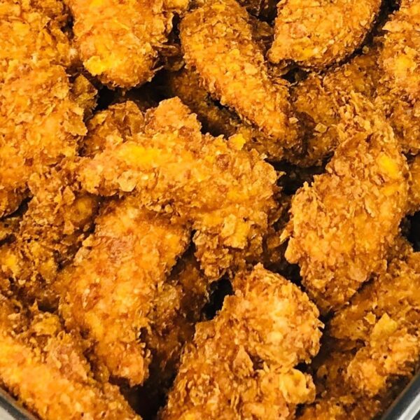 Southern fried cornflake chicken with roast potatoes and steamed veg