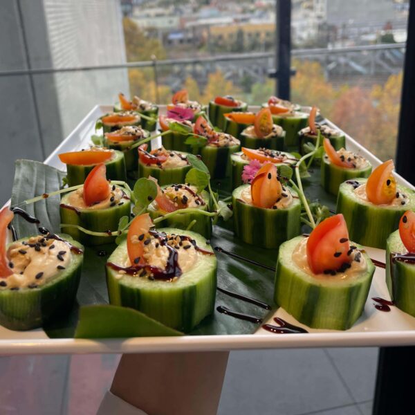 Spiced avocado salsa in a cucumber cup & micro herbs (v, gf, df, vegan)