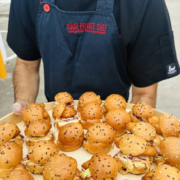 Brioche mini burger bun with felafel, roasted pepper, spinach and Dukkha hummus