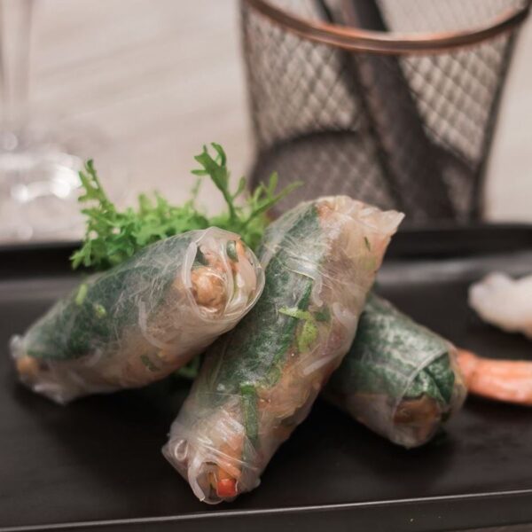 Prawn & crisp vegetable rice paper rolls with chilli & lime dipping sauce (gf)