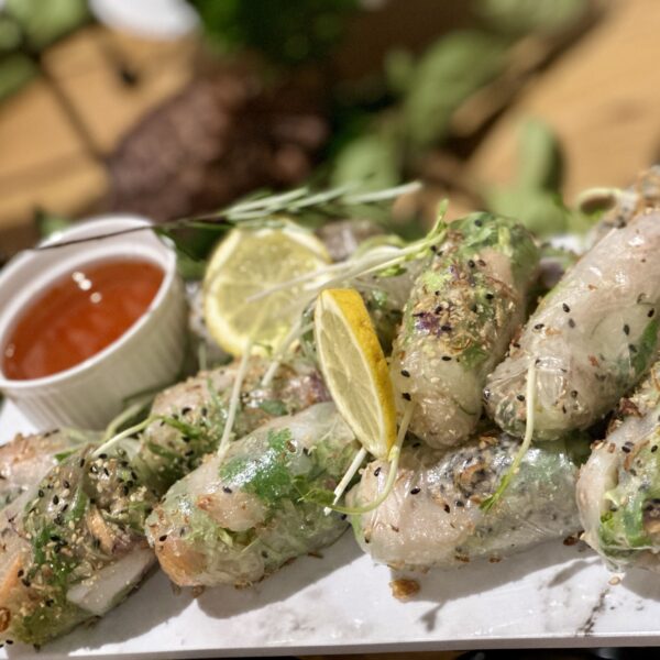 Shitake and water chestnut rice paper rolls with chilli lime dipping sauce (vegan, gf)