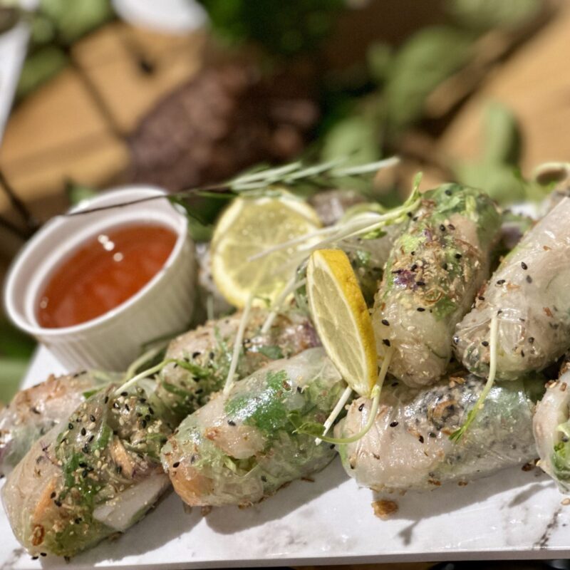 Shitake and water chestnut rice paper rolls with chilli lime dipping sauce