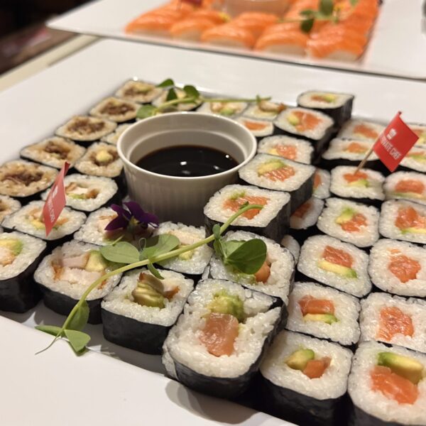 Nori sushi rolls with a mix of chicken, seafood and vegetarian options soy sauce