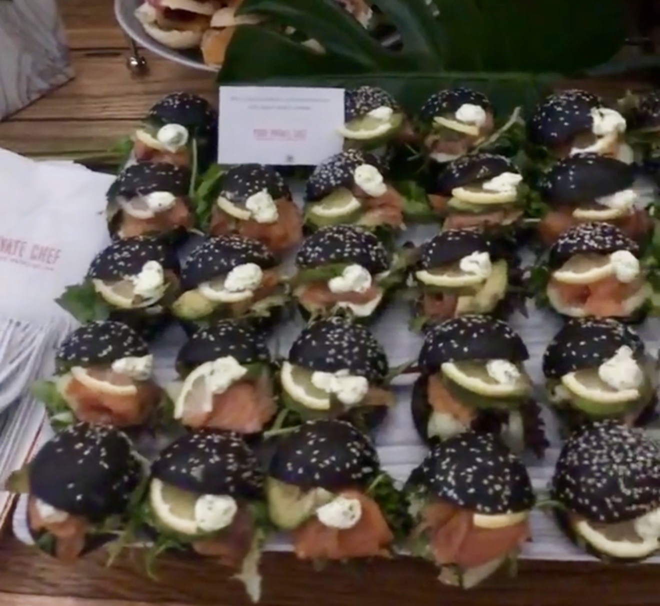 Mini charcoal slider w smoked salmon, dill & cream cheese (slider contains squid ink) from Your Private Chef